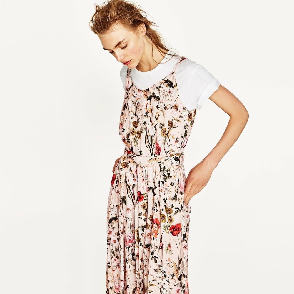 NWT Zara Nude Pink Floral Print Flowy Jumpsuit - Picture 4 of 6